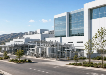 A semiconductor fabrication campus with a process-utility yard and white fab buildings, no vendor marks.