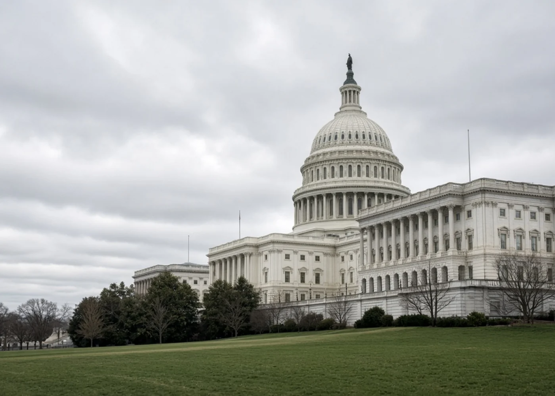 The U.S. Capitol dome and Senate wing, overcast, no crypto graphics.