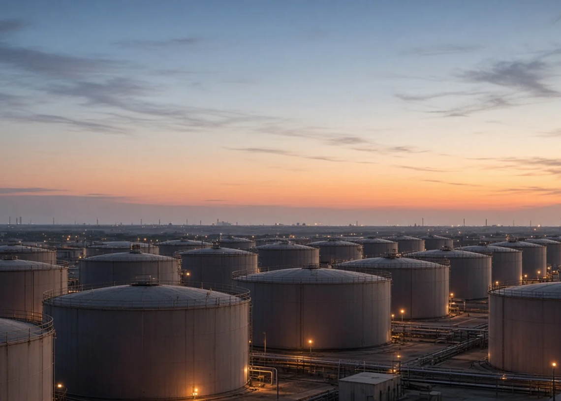 Vast crude oil storage tank farm at dusk, illustrating EIA STEO inventory drain and raised annual oil forecasts without fake STEO dollar figures on image.