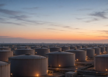 Vast crude oil storage tank farm at dusk, illustrating EIA STEO inventory drain and raised annual oil forecasts without fake STEO dollar figures on image.