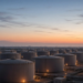 Vast crude oil storage tank farm at dusk, illustrating EIA STEO inventory drain and raised annual oil forecasts without fake STEO dollar figures on image.