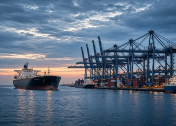Container port at dusk with cargo ships and gantry cranes, suggesting Iran-China oil-for-credits trade channel reporting without military hardware or dollar totals on image.