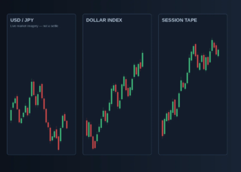 Abstract FX trading panels for yen and dollar session tape; illustrative market imagery, not an official settle.