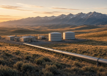 Crude oil pipeline and storage tanks across prairie foothills at golden hour, depicting a midstream pipeline and terminal acquisition.