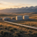 Crude oil pipeline and storage tanks across prairie foothills at golden hour, depicting a midstream pipeline and terminal acquisition.