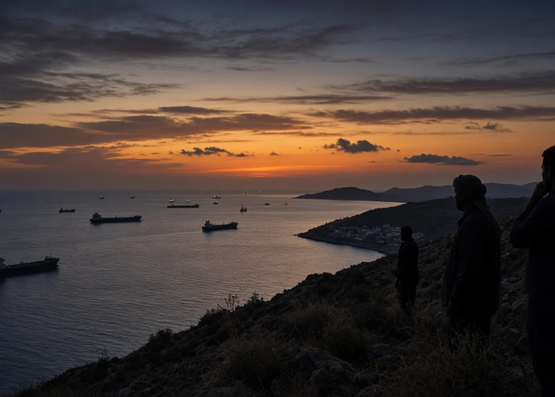 Observers on a Red Sea hillside overlooking commercial tankers at dusk, conveying Iran IRGC guidance around the Houthi Mocha campaign without combat imagery.