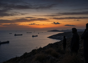 Observers on a Red Sea hillside overlooking commercial tankers at dusk, conveying Iran IRGC guidance around the Houthi Mocha campaign without combat imagery.