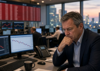 European trader before descending market screens at dusk city close, as FTSE, DAX, and CAC finish lower after the ECB hike.