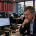 European trader before descending market screens at dusk city close, as FTSE, DAX, and CAC finish lower after the ECB hike.