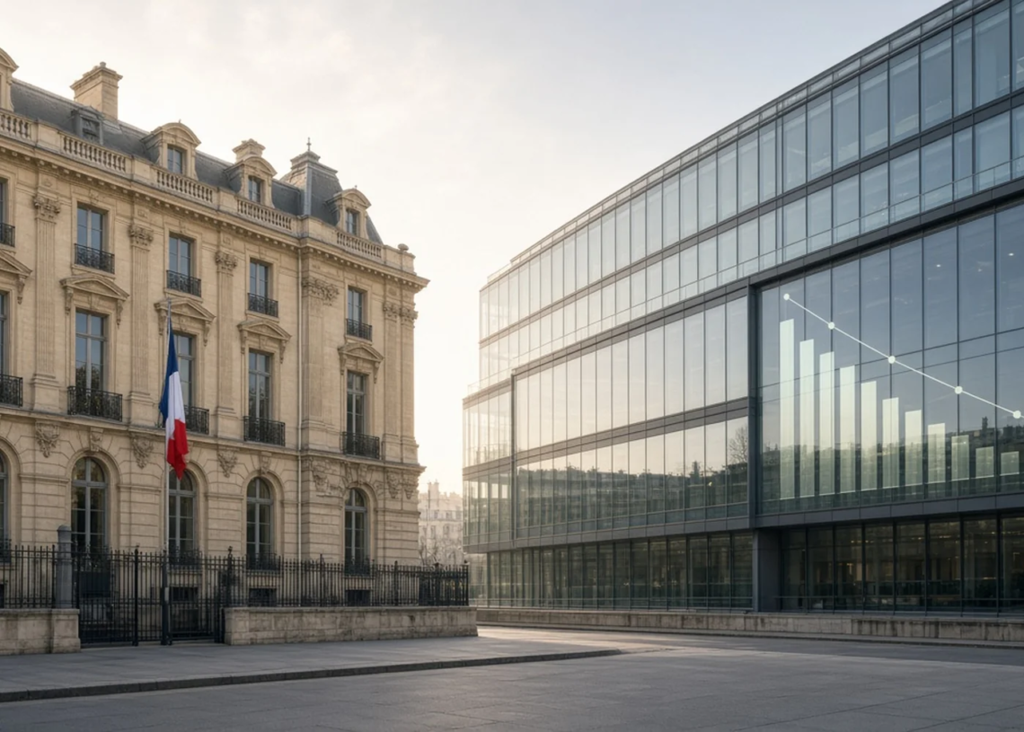 Paris ministry courtyard with a French flag and a descending growth chart on glass, reflecting France's cut to its 2026 GDP growth forecast.