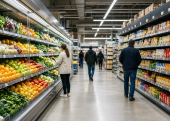 Grocery aisle with produce and packaged goods, illustrating Kroger's mixed second-quarter print.