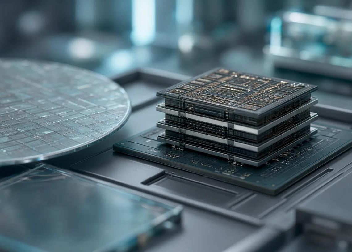 Macro close-up of stacked high-bandwidth memory chips and a silicon wafer in cool cleanroom light, suggesting memory-supply tightness.