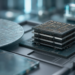 Macro close-up of stacked high-bandwidth memory chips and a silicon wafer in cool cleanroom light, suggesting memory-supply tightness.