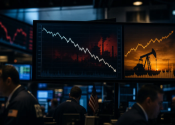 Trading-floor monitors contrasting falling industrials with rising energy imagery, reflecting oil-driven relative strength amid broader equity pressure.
