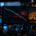 Trading-floor monitors contrasting falling industrials with rising energy imagery, reflecting oil-driven relative strength amid broader equity pressure.