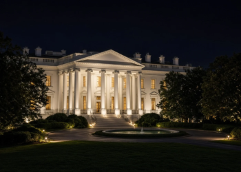 The White House North Portico illuminated at night after a U.S. decision on military help.