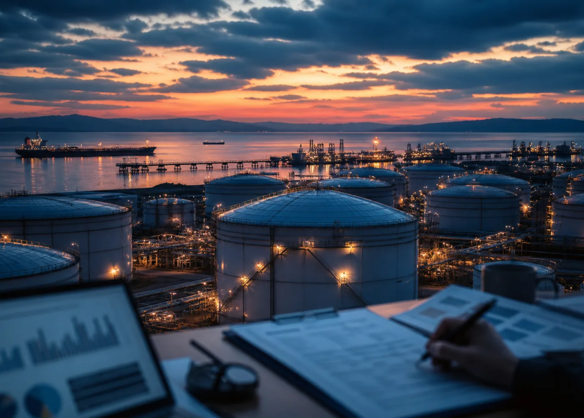 Oil storage terminal and tanker at dusk viewed past an analyst desk, suggesting a private production survey ahead of official oil-market reports.