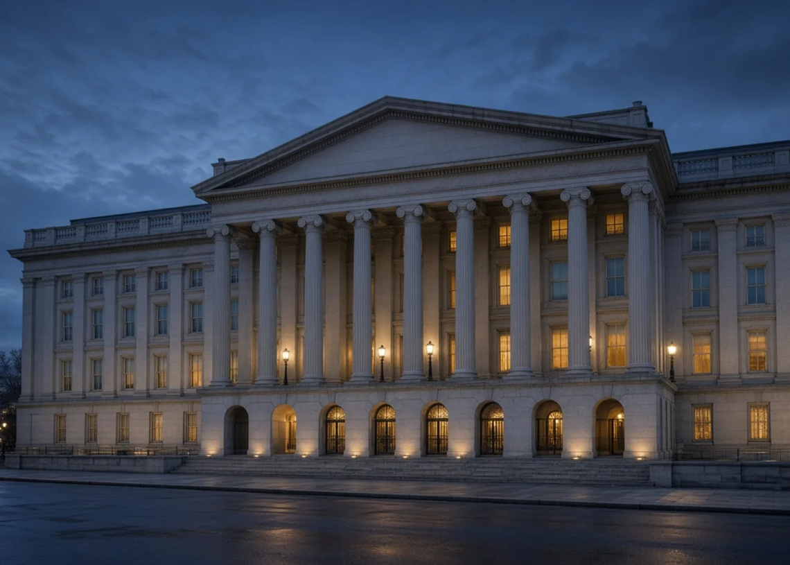 Neoclassical U.S. Treasury building facade at twilight with warm window lights, suggesting Treasury buyback and government-finance operations.