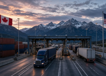Freight trucks at a Canada-United States border crossing under mountain dusk, symbolizing cross-border trade and tariff tension.