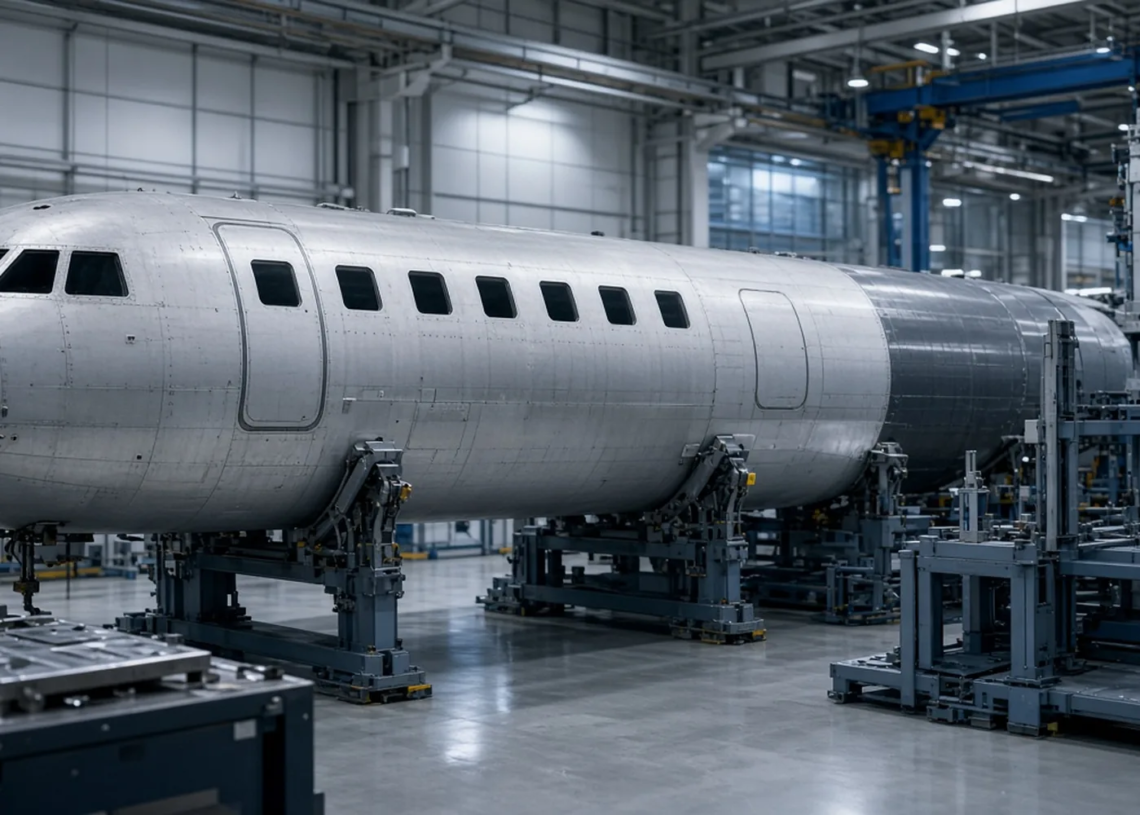 Commercial jet fuselage on assembly jigs inside a clean aerospace hangar, illustrating Bombardier and MHI Canada aerospace manufacturing.
