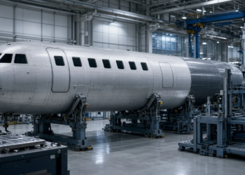 Commercial jet fuselage on assembly jigs inside a clean aerospace hangar, illustrating Bombardier and MHI Canada aerospace manufacturing.
