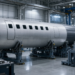 Commercial jet fuselage on assembly jigs inside a clean aerospace hangar, illustrating Bombardier and MHI Canada aerospace manufacturing.