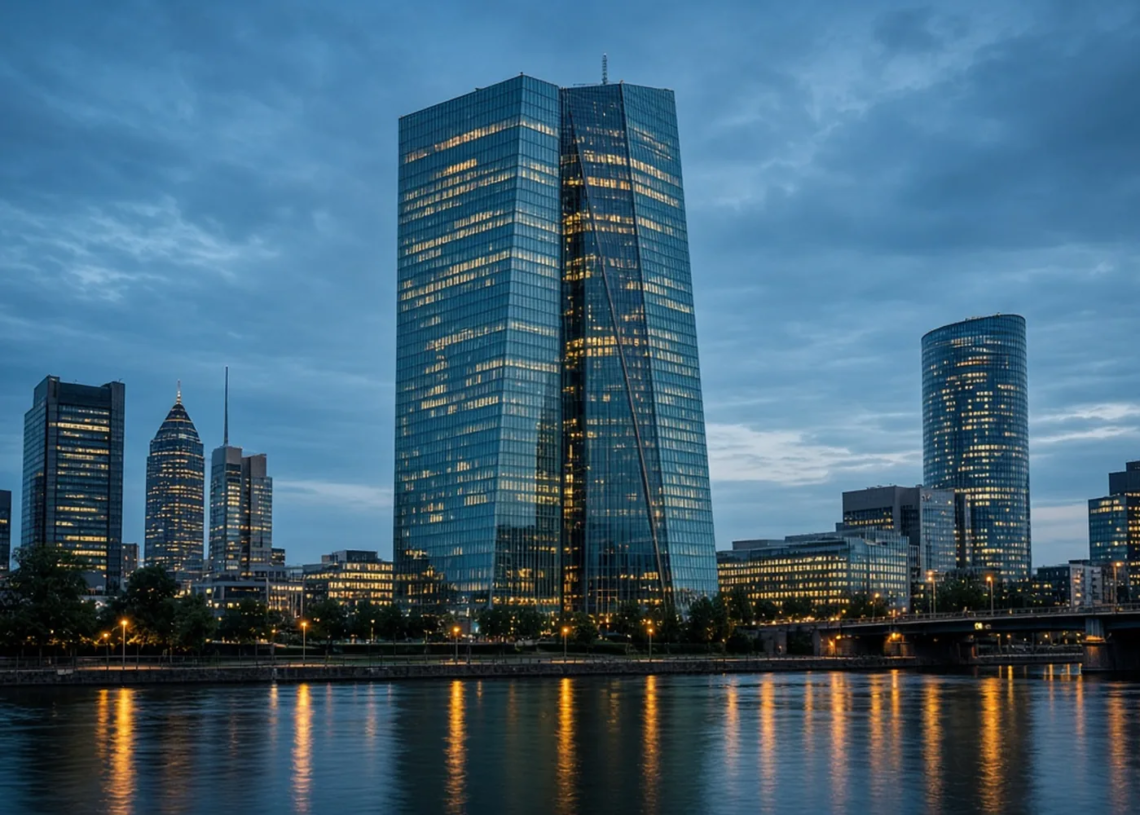 Frankfurt financial skyline and river at blue hour, conveying European Central Bank institutional policy atmosphere.