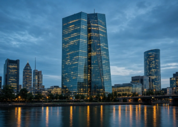 Frankfurt financial skyline and river at blue hour, conveying European Central Bank institutional policy atmosphere.