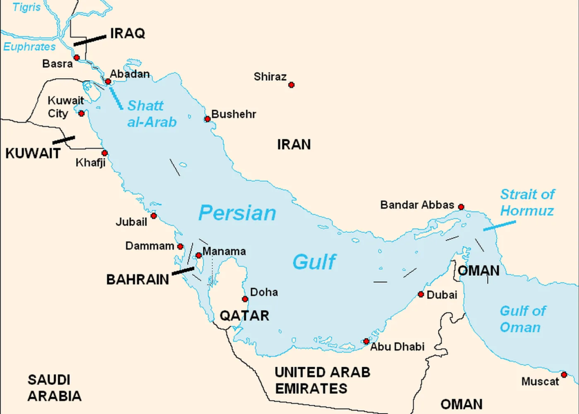 Published Persian Gulf map graphic for maritime context; no invented restricted-zone coordinates.