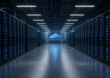 Data-center aisle of GPU server racks with cool blue lighting, suggesting planned large-scale cloud GPU compute capacity.