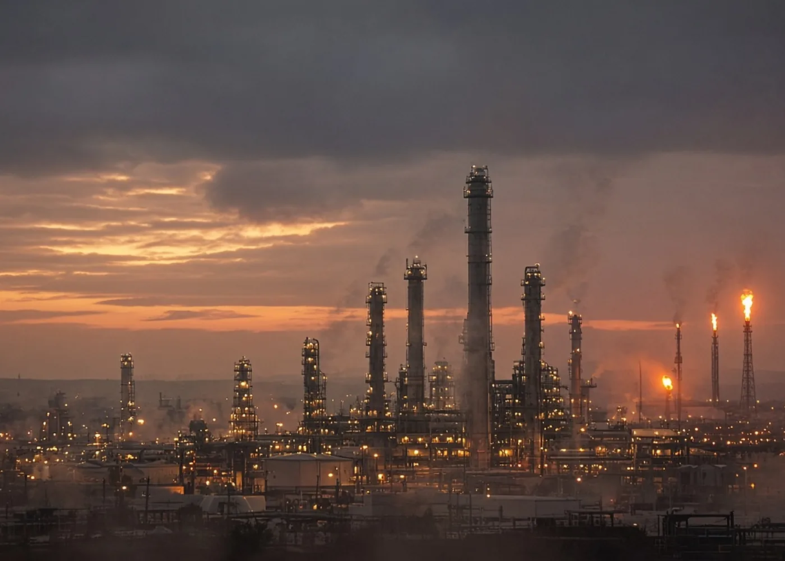 Oil refinery distillation towers and flares at dusk, illustrating U.S. diesel and refining-capacity pressure.