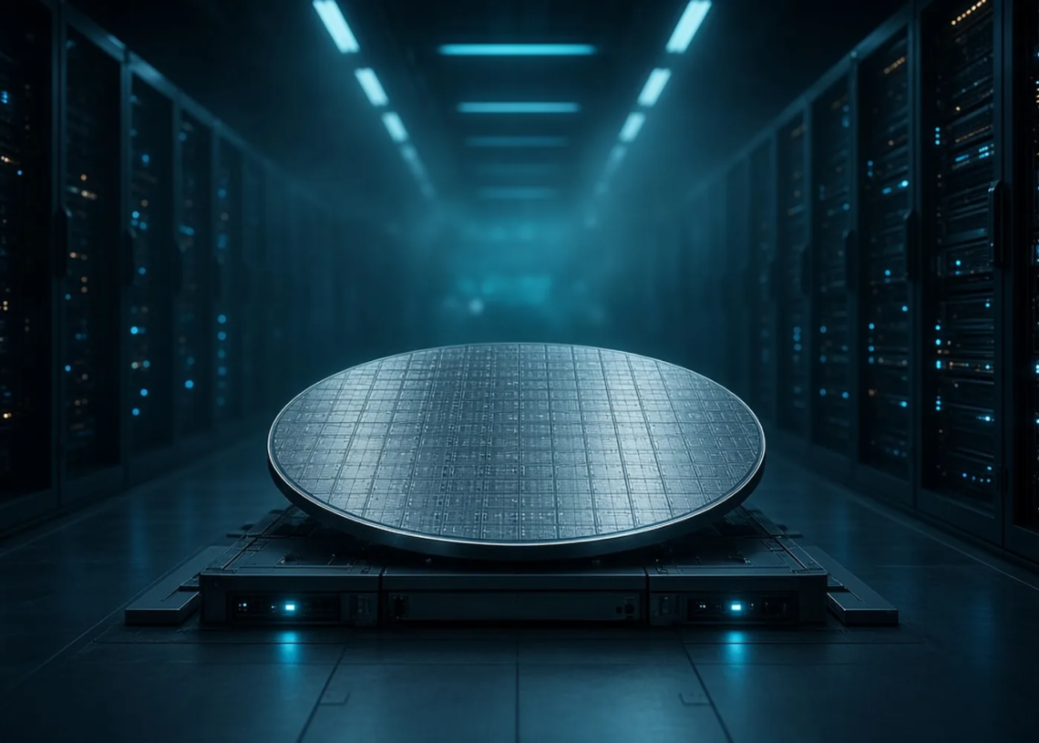 Silicon wafer on a pedestal in a blue-lit server aisle, suggesting reported AI-chip cluster plans without implying completion.