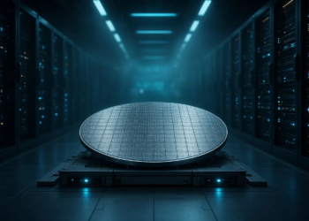 Silicon wafer on a pedestal in a blue-lit server aisle, suggesting reported AI-chip cluster plans without implying completion.