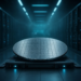 Silicon wafer on a pedestal in a blue-lit server aisle, suggesting reported AI-chip cluster plans without implying completion.