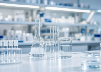 Sterile pharmaceutical laboratory glassware on a reflective white bench, suggesting biotech trial and Lp(a) drug-class research.