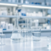 Sterile pharmaceutical laboratory glassware on a reflective white bench, suggesting biotech trial and Lp(a) drug-class research.