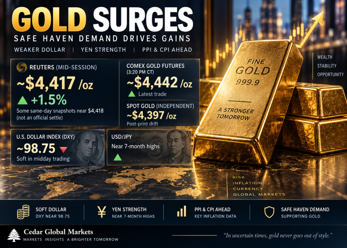 Gold rises about 1.5 percent toward 4418 as soft dollar backdrop holds
