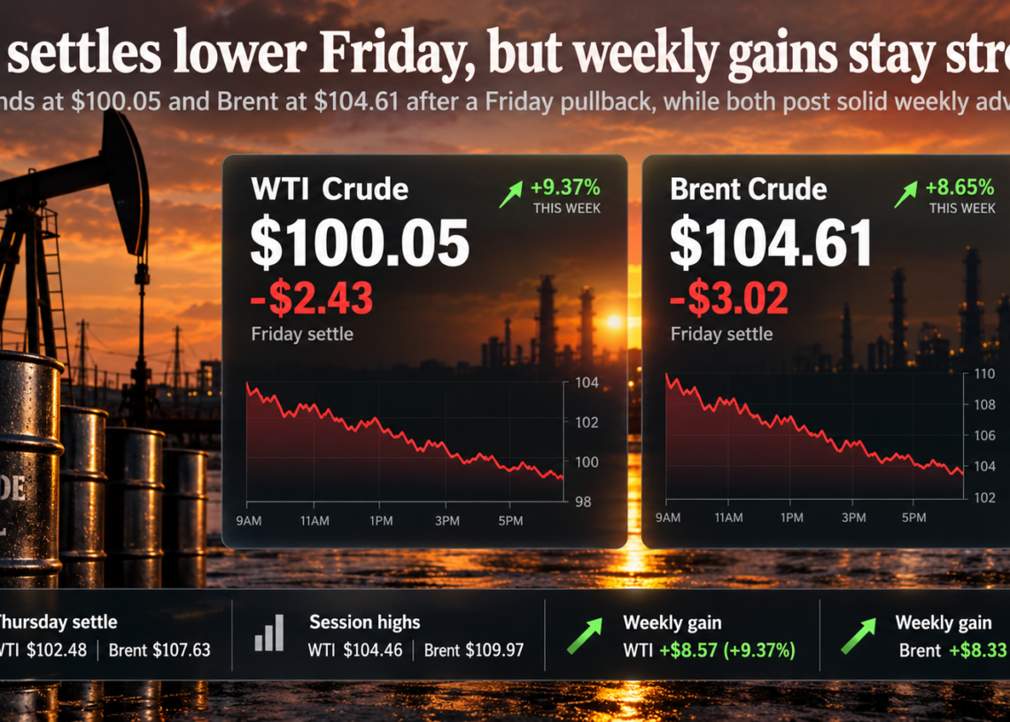 WTI and Brent settle Friday as pullback caps still-strong weekly gain